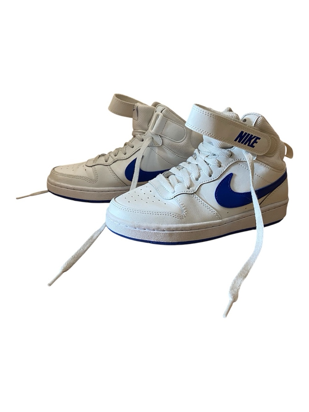 Nike White High-Top Sneakers with Blue Swoosh and Strap